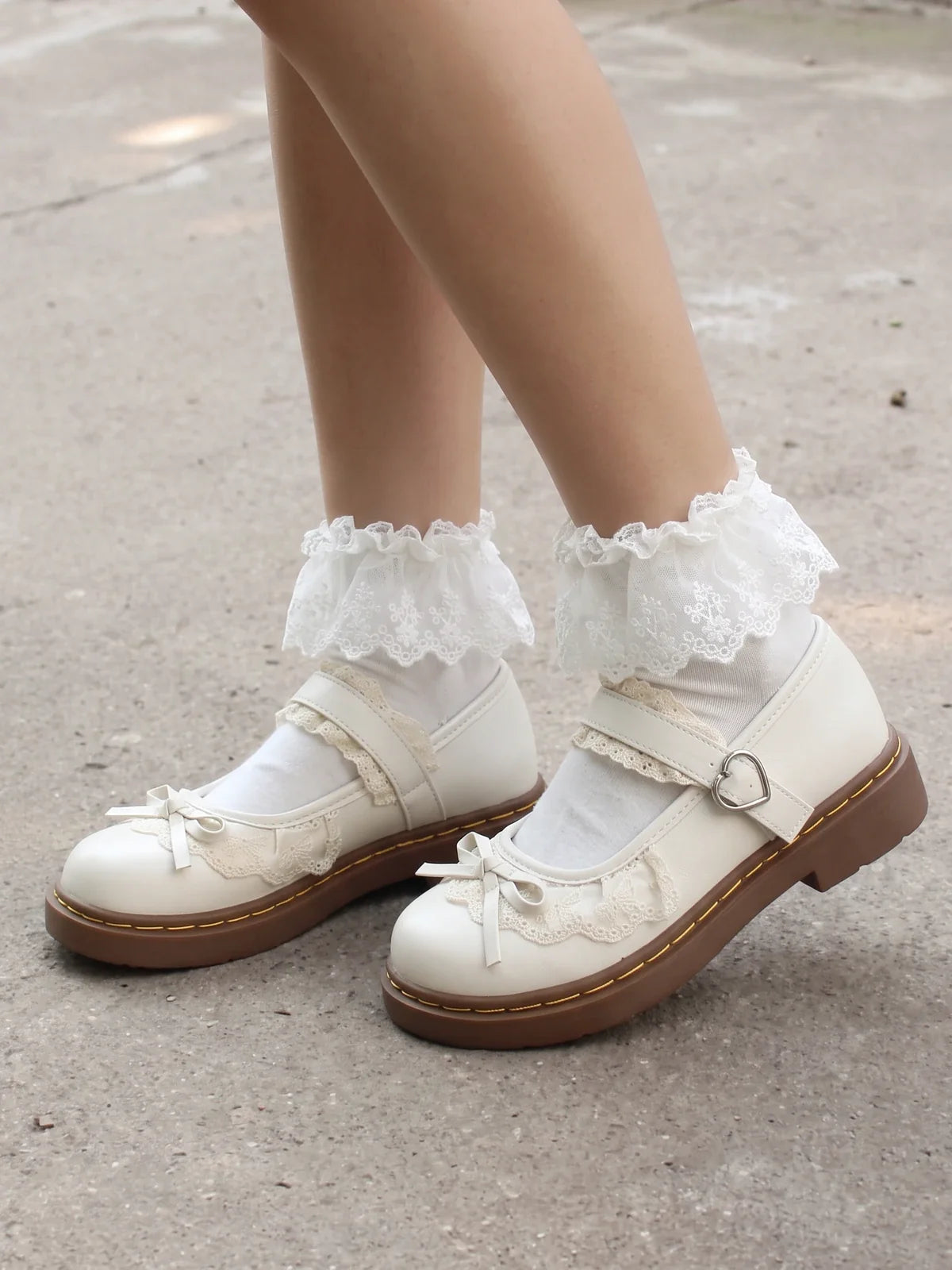 Soleil Lace Heart-Buckle Mary Jane Flats