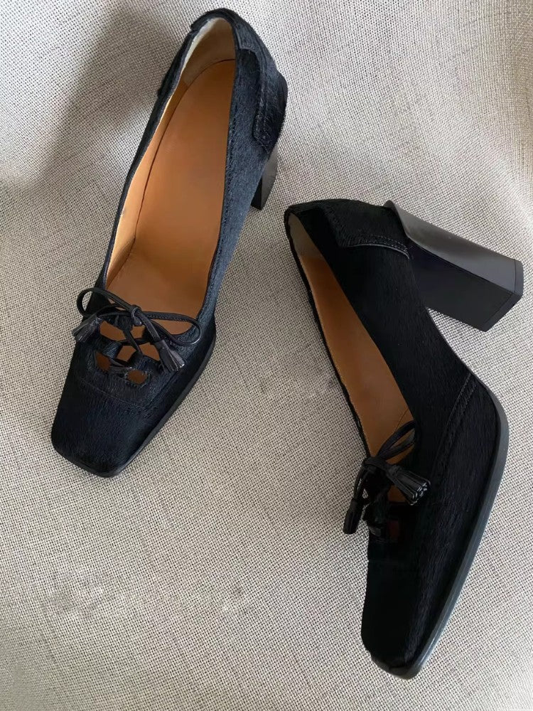Retro Square Toe Bow Heels