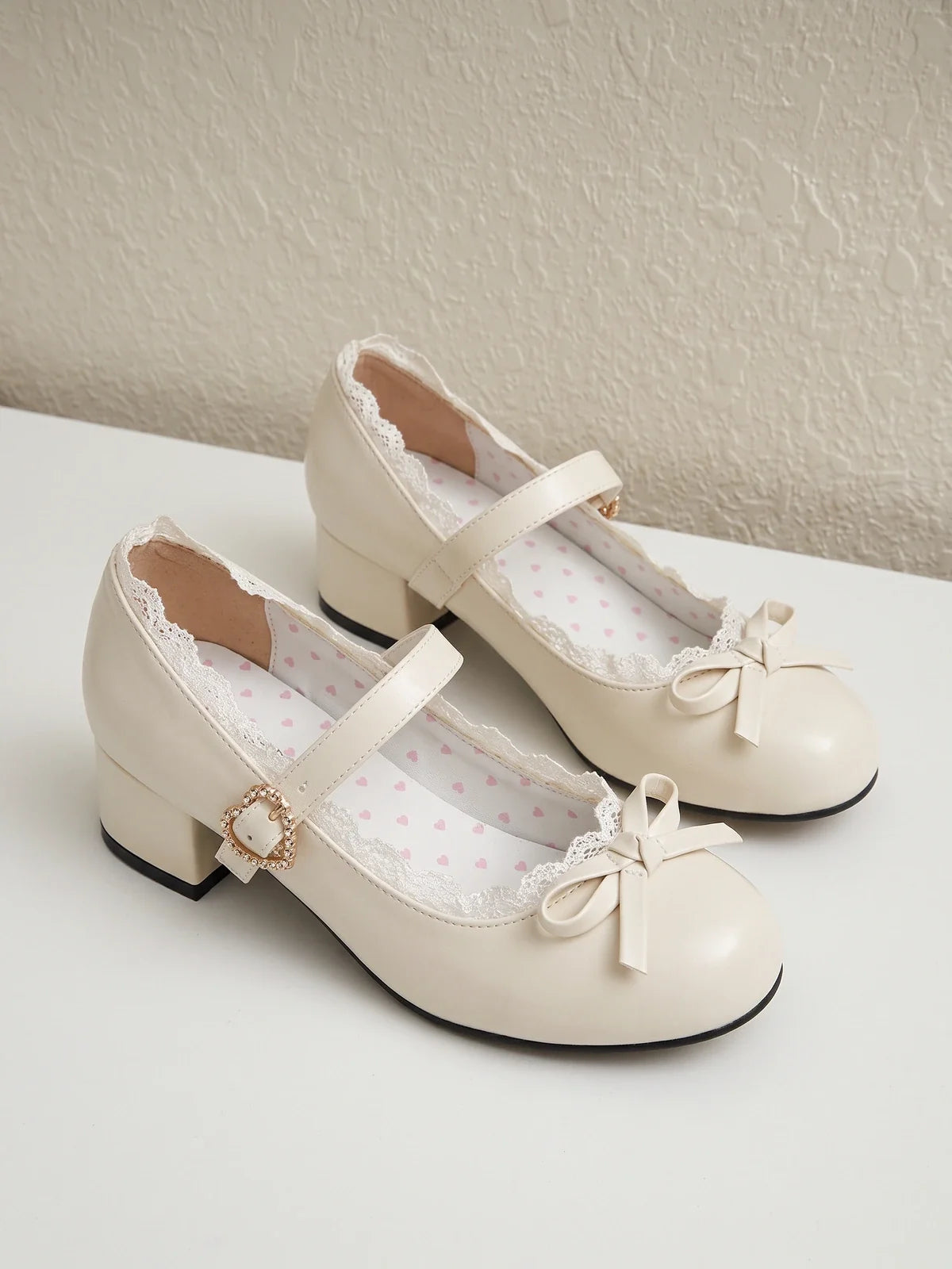 Zelie Lace Bow Heart Mary Jane Heels