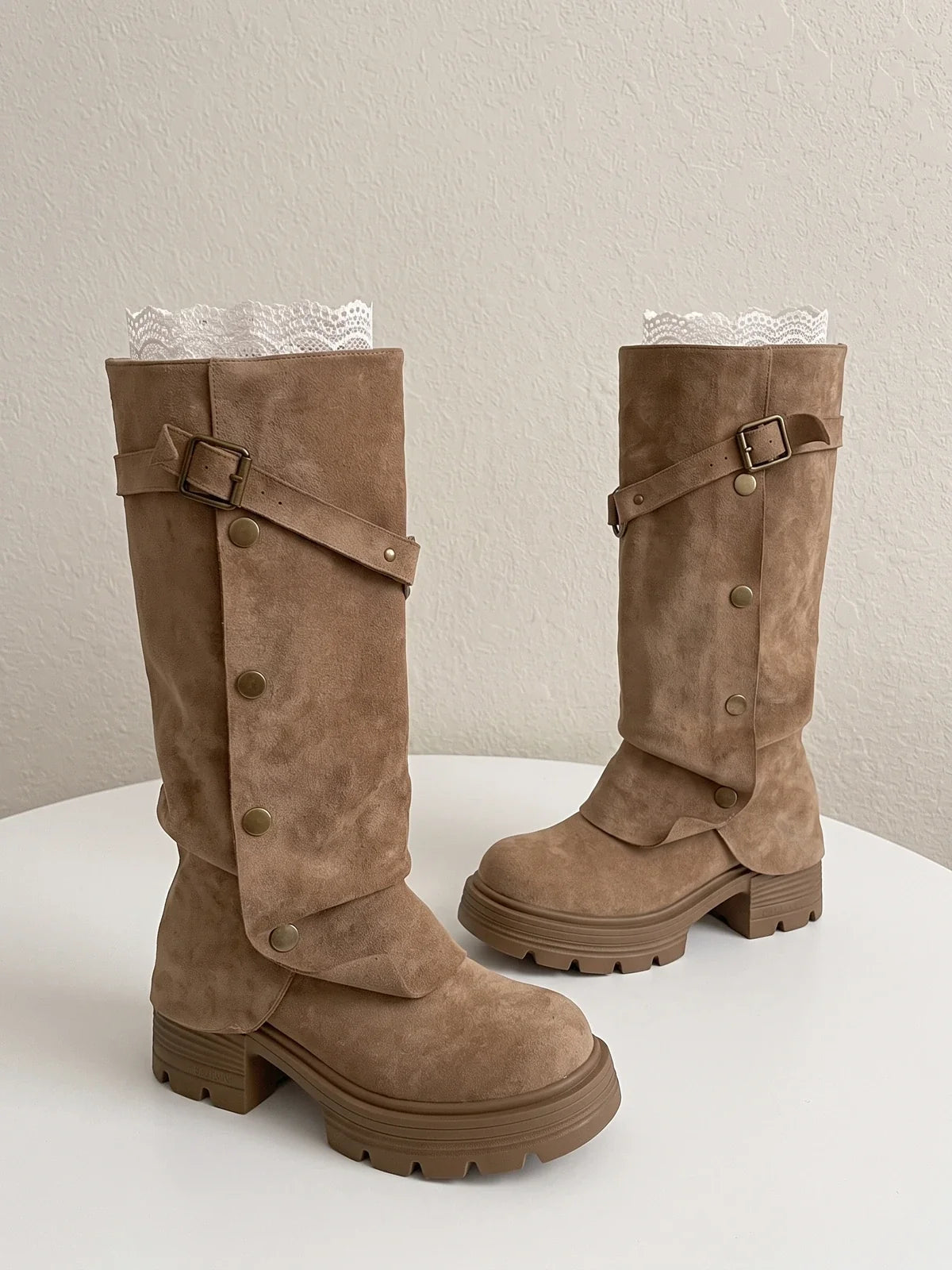 Ottavia Suede Buckle Knee-High Boots