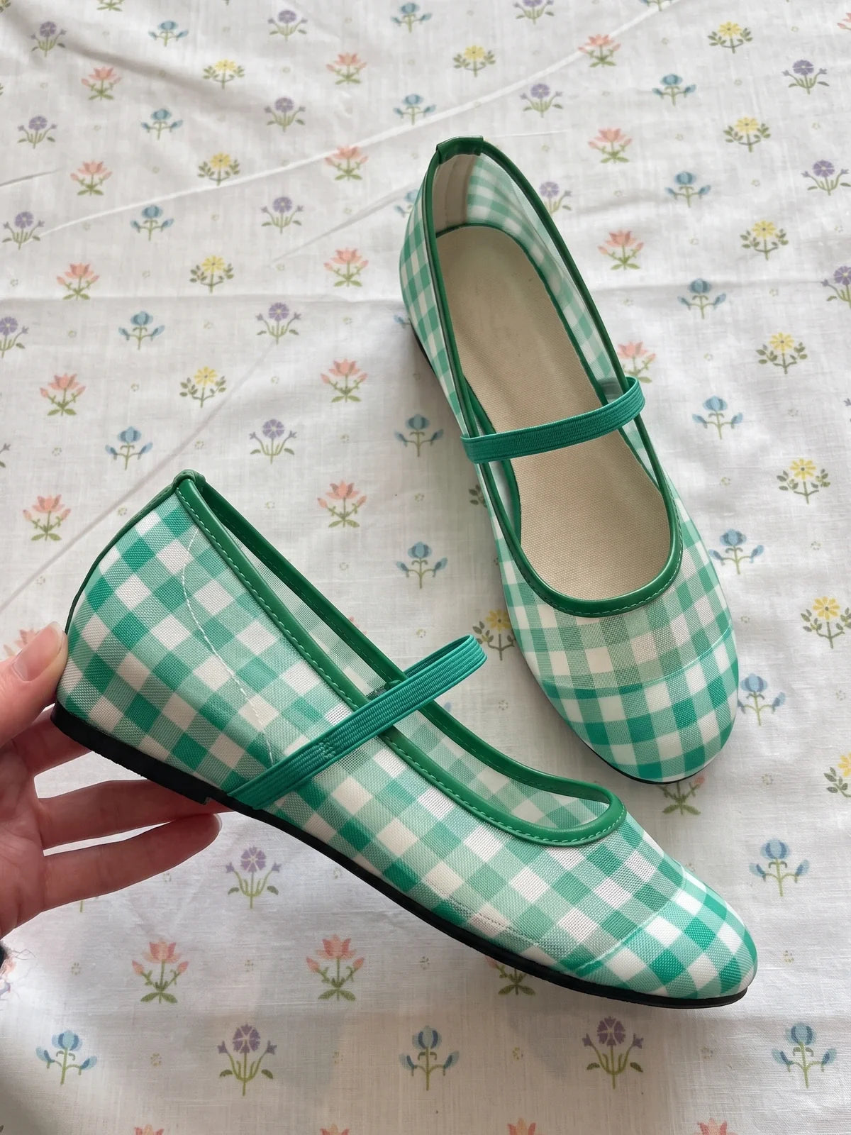 Veronique Gingham Mesh Mary Jane Flats