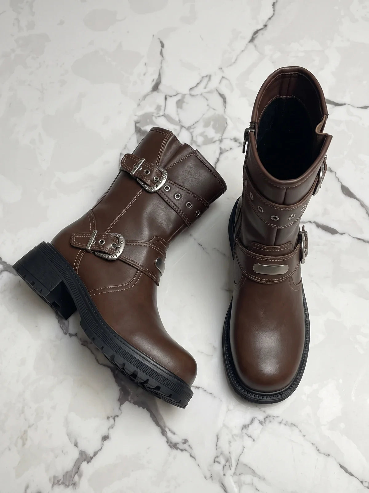Soleil Buckle Mid-Calf Biker Boots