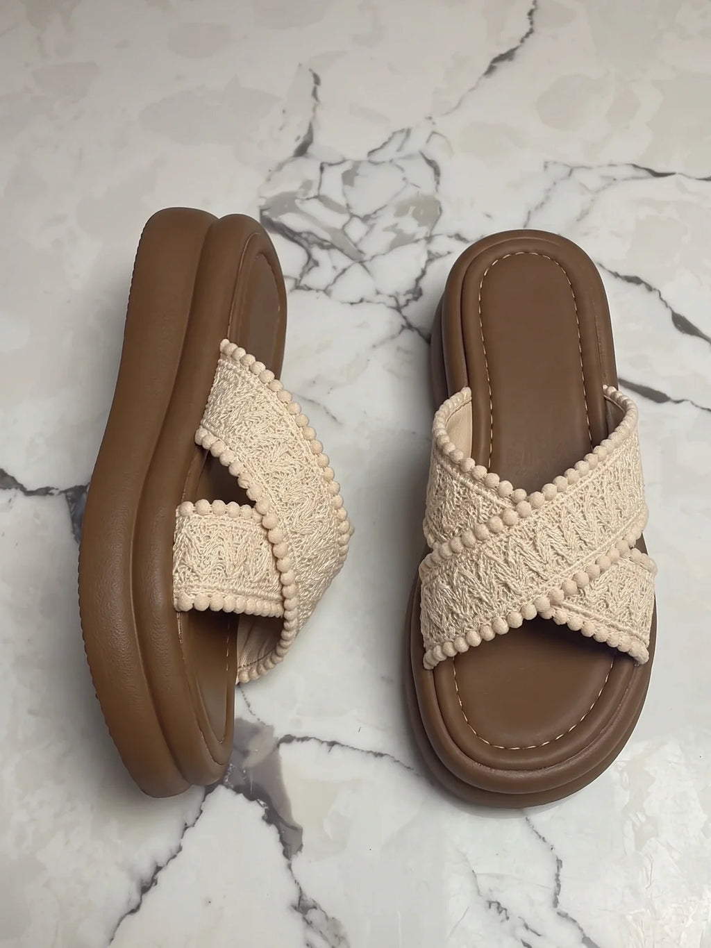 Madelina Knitted Pom-Pom Platform Slides