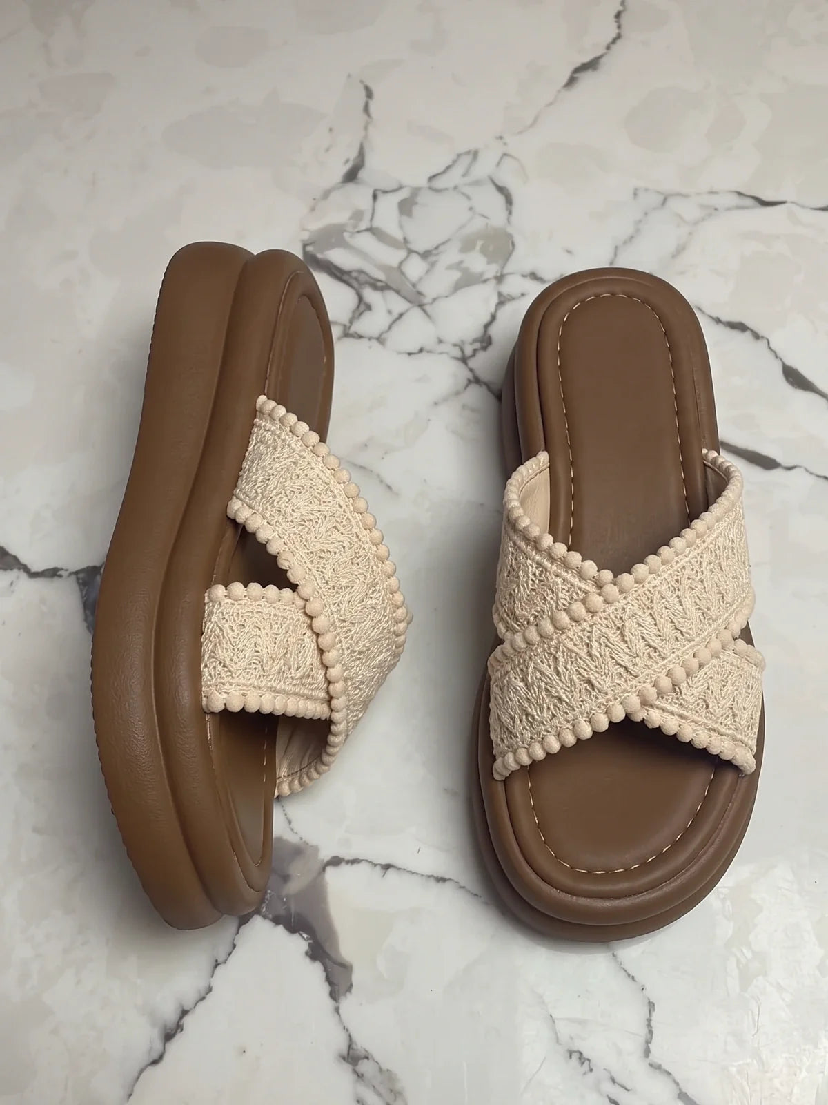 Madelina Knitted Pom-Pom Platform Slides