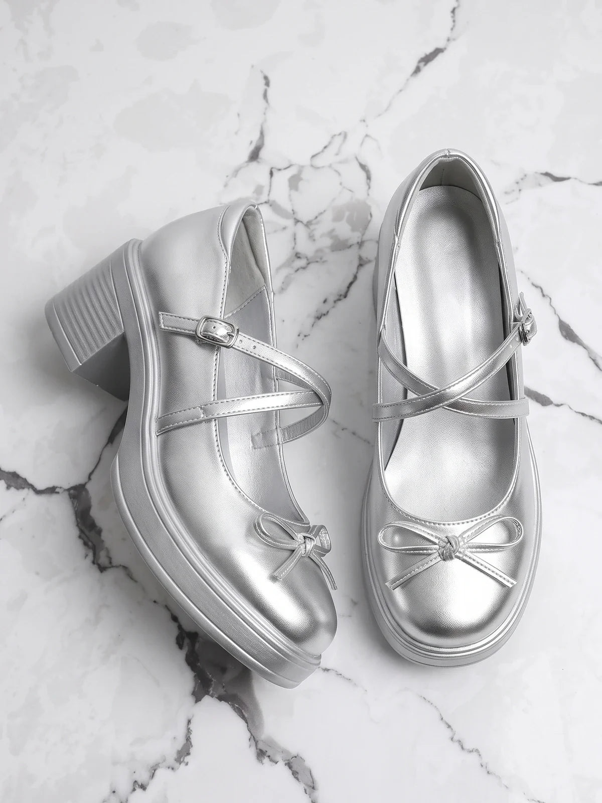 Mirettina Silver Bow Platform Mary Janes