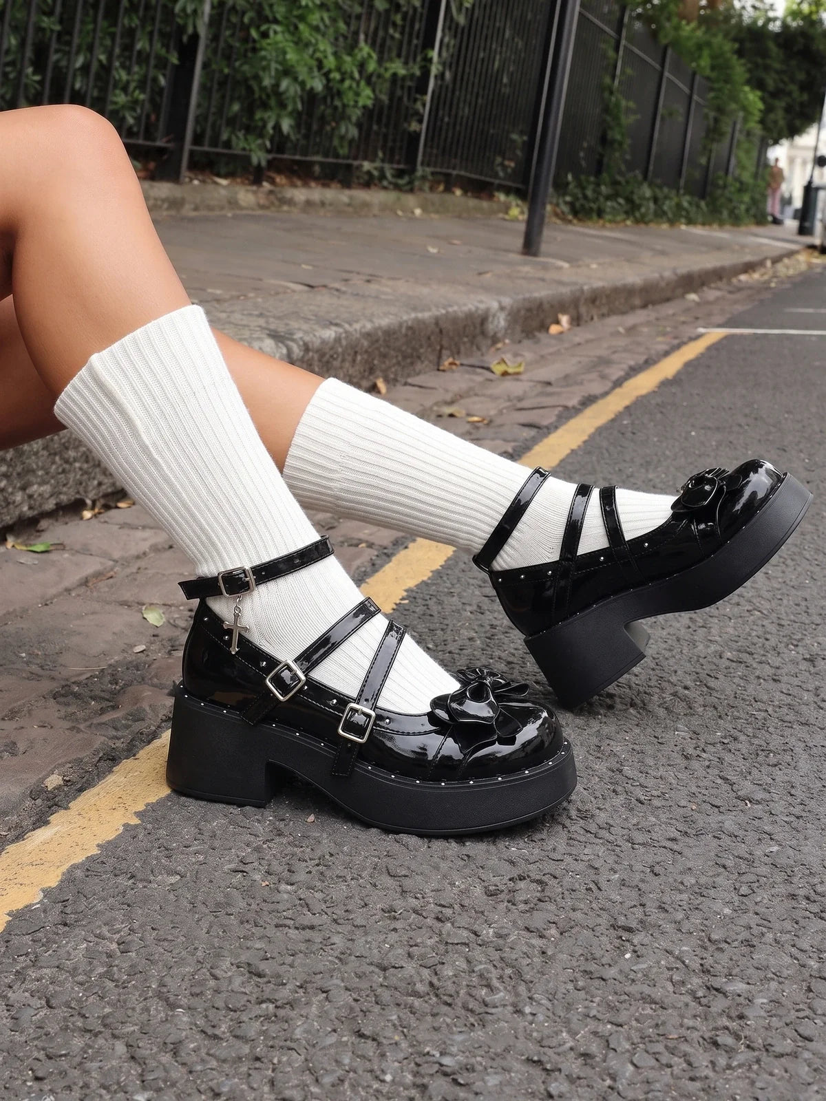 Ottaviolette Studded Patent Bow Mary Jane Platforms