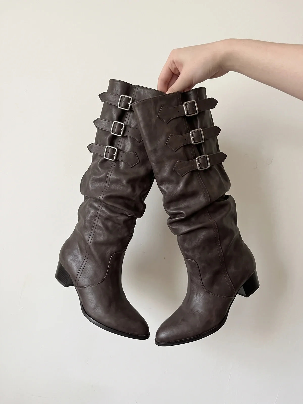 Violaine Distressed Buckle Slouch Boots
